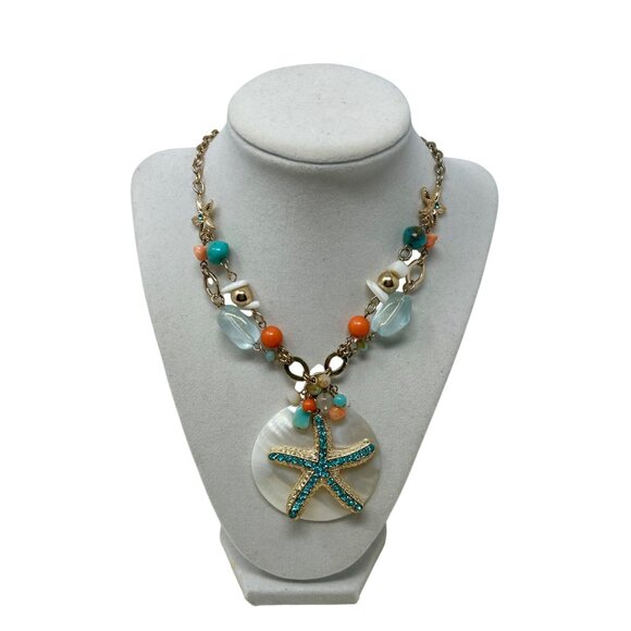 Starfish Pendant Beaded Necklace With Seashell & Turquoise Accents - Picture 1 of 8